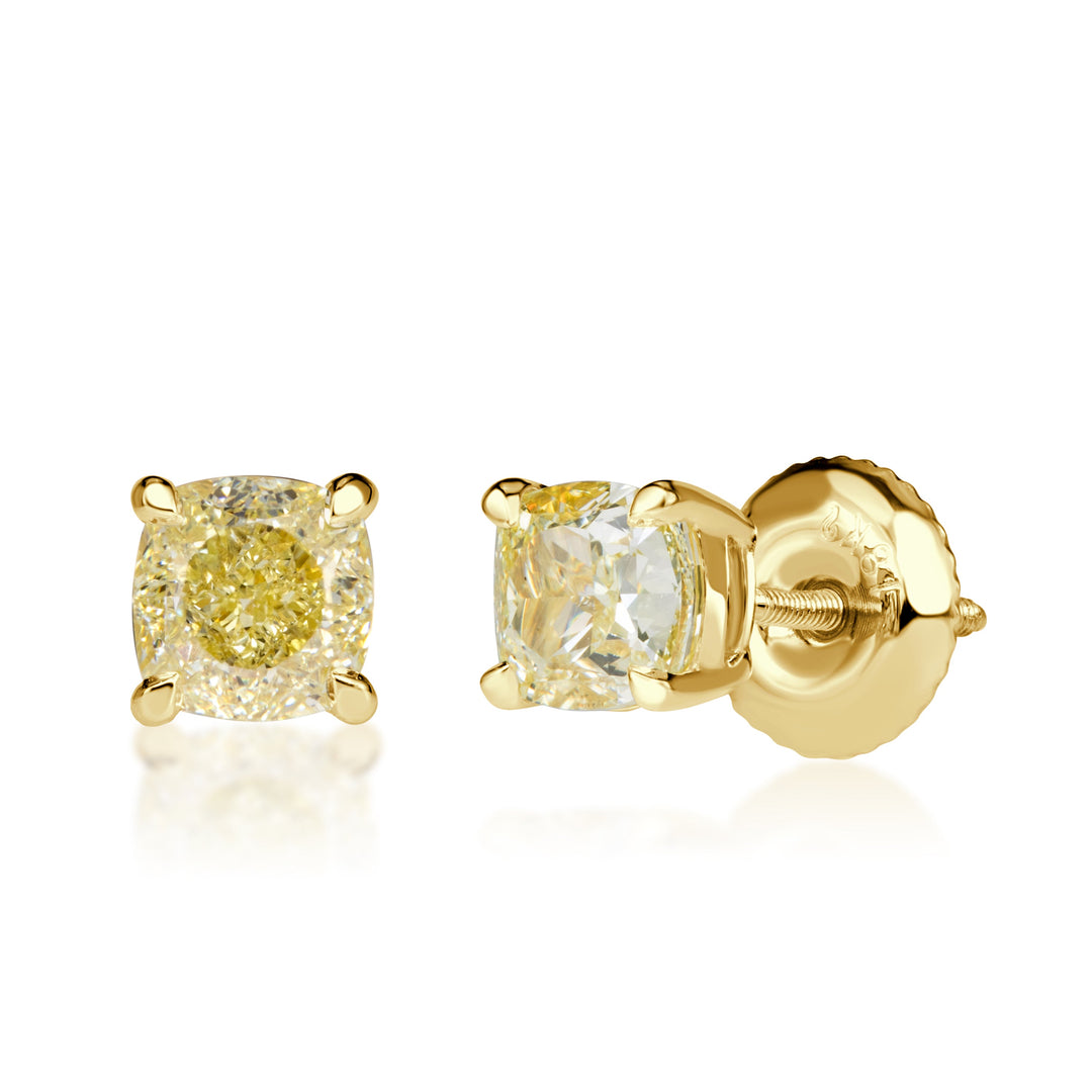 1.00ct Cushion Cut Fancy Yellow Stud Earrings