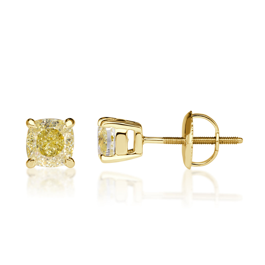 1.00ct Cushion Cut Fancy Yellow Stud Earrings